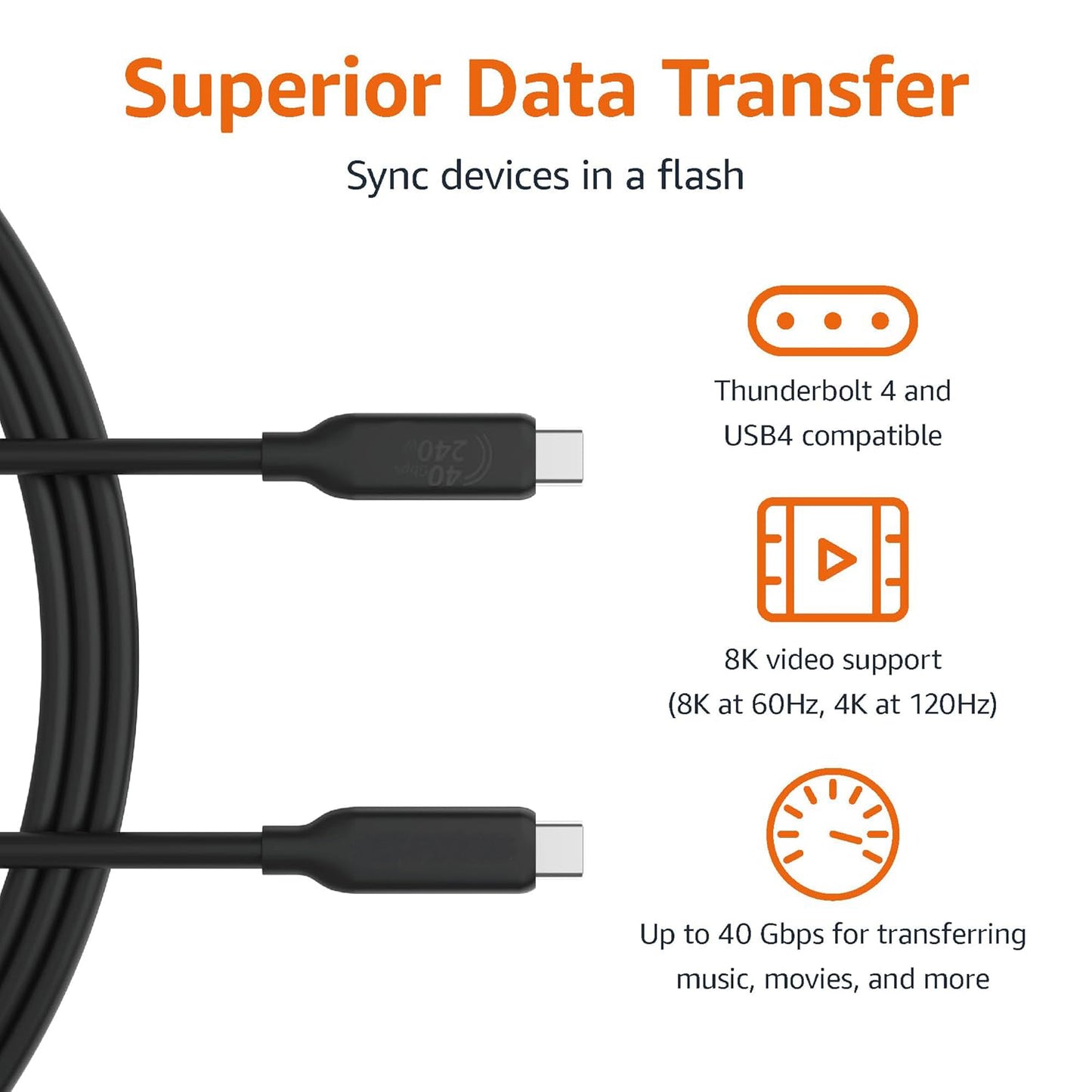 USB-C to USB-C 4 Fast Charger Cable, 40 Gbps, 8K Video, 240W, USB-IF Cert, Thunderbolt 4/3 Compatible, for Apple iPhone 16/15, iPad, Samsung Galaxy, Tablets, Laptops, 3.3 foot, Black