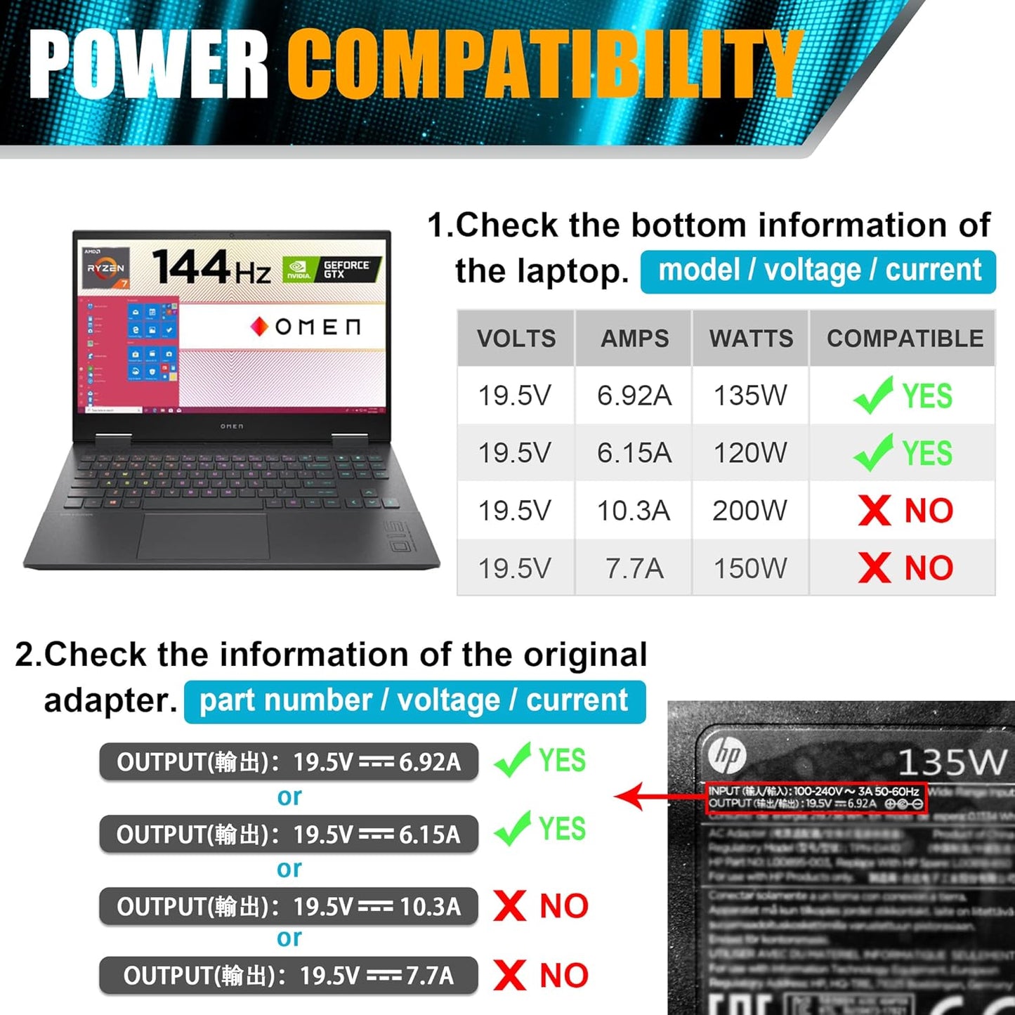 135W 19.5V 6.9A AC Adapter Laptop Charger Compatible with HP Spectre x360 15t-df100 CTO,HP Pavilion Gaming 15 17 ec0013dx 15-ec0751ms L15534-001 TPN-DA11 TPN-CA13 Ac Adapter Power Cord