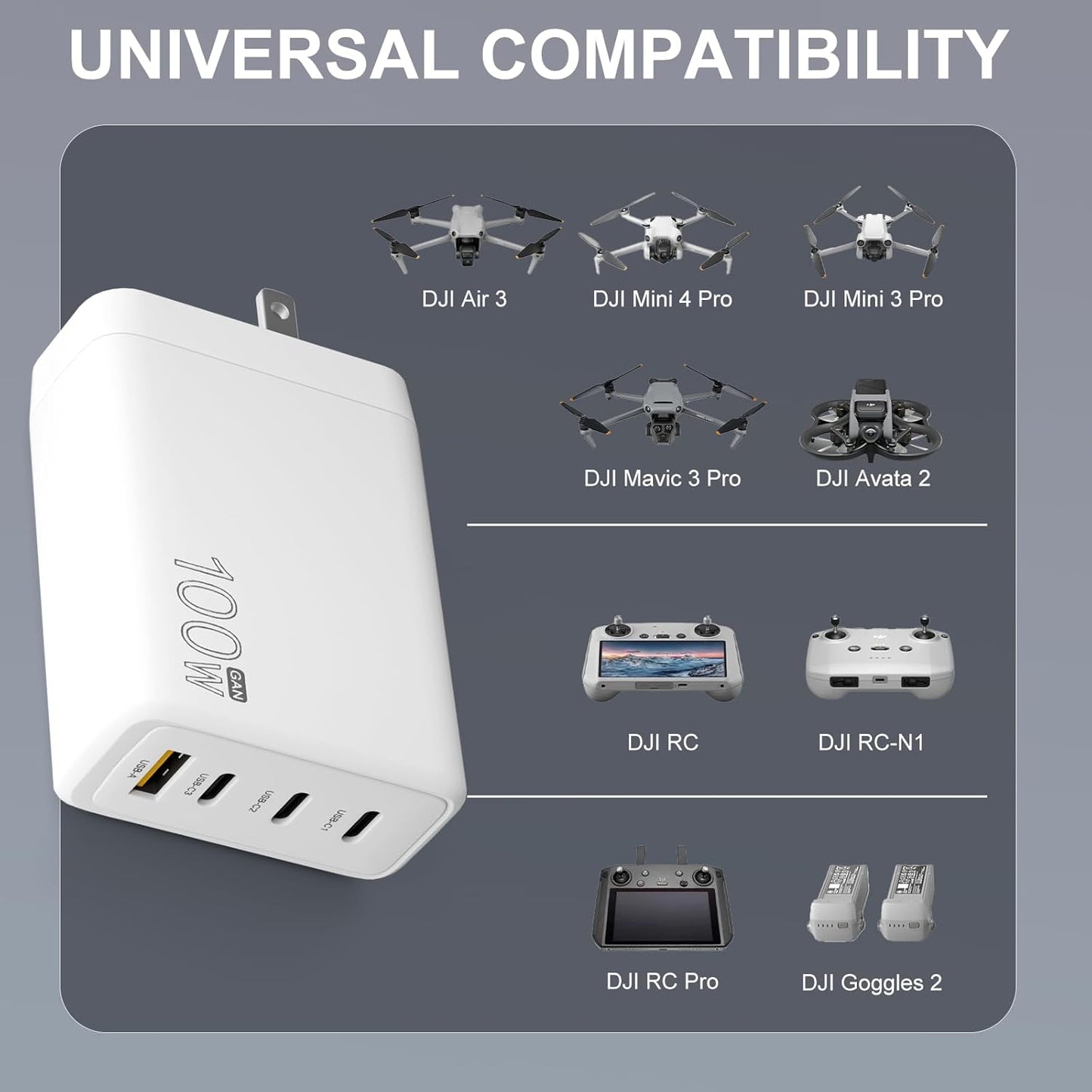 100W GaN USB C Drone Charger For DJI/Specta Mini Series/Air 3/Mavic 3 Series Drone, RC/RC2/N1/N2/N3/RC Pro/RC Pro Plus Remote Controller, Avata/Avata 2,Goggles 2 Drone Accessories Power Adapter,4-Port