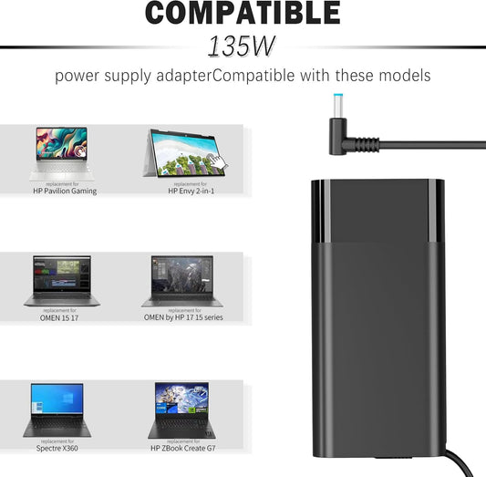 135W 19.5V 6.9A AC Adapter Laptop Charger Compatible with HP Spectre x360 15t-df100 CTO,HP Pavilion Gaming 15 17 ec0013dx 15-ec0751ms L15534-001 TPN-DA11 TPN-CA13 Ac Adapter Power Cord