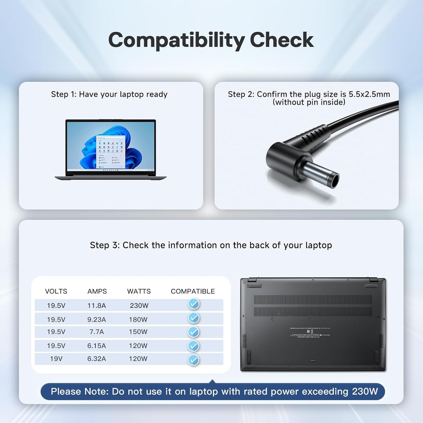 230W Charger Fit for MSI GS66 GS65 GS75 GS76 Stealth, WS66 WS76 WS75 WS65 Gaming Laptops, 5.5x2.5mm Tip, 19.5V 11.8A AC Adapter, Global Voltage Support