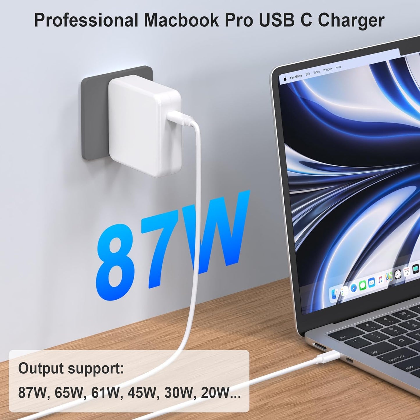 Mac Book 87W USB C Fast Charging Laptop Charger Power Adapter Replacement for 13 14 15-inch Mac Book Pro Models introduced in 2016 or Later,for MacBook Air After 2018, USB C to C Power Cord Supply