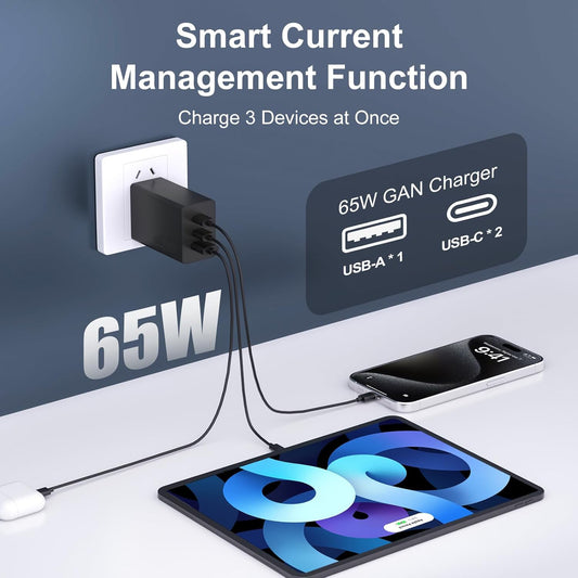 65W 3-Port Super Fast Charging Wall Charger, GaN Adapter for Samsung Galaxy S25 Ultra/S25/S25+/S24 Ultra/S24/S24+/S23 Ultra/S23/S23+/S22/S22 Ultra/S22+/Z Fold 3/ laptops