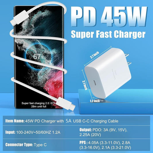 New 45W Super Fast Charger USB C Android Phone Charger Fast Charging Replacement for Samsung Galaxy S25/S25 Ultra/S25+/S24 Ultra/S24/S24+/S23 Ultra/S23/S22/S20/S21/Note 10,Galaxy Tab, 6ft C Cable