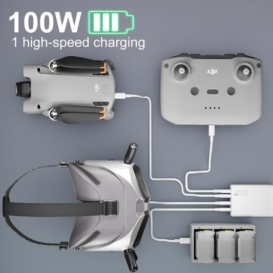 100W GaN USB C Drone Charger For DJI/Specta Mini Series/Air 3/Mavic 3 Series Drone, RC/RC2/N1/N2/N3/RC Pro/RC Pro Plus Remote Controller, Avata/Avata 2,Goggles 2 Drone Accessories Power Adapter,4-Port